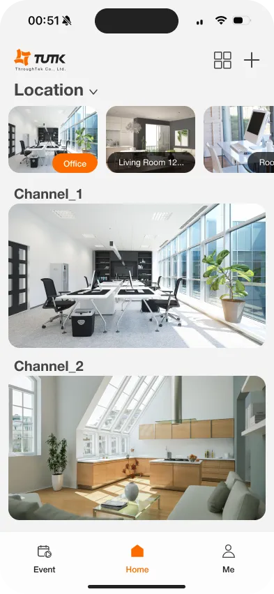 Kalay Mobile home screen showing device view with horizontal location list at top, channel preview thumbnails below, and Event, Home, and Me tabs at the bottom