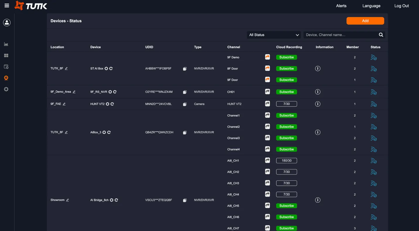 Device Status page showing a table with location, device name, UDID, type, channels, cloud recording status columns, and the Add button in the top right