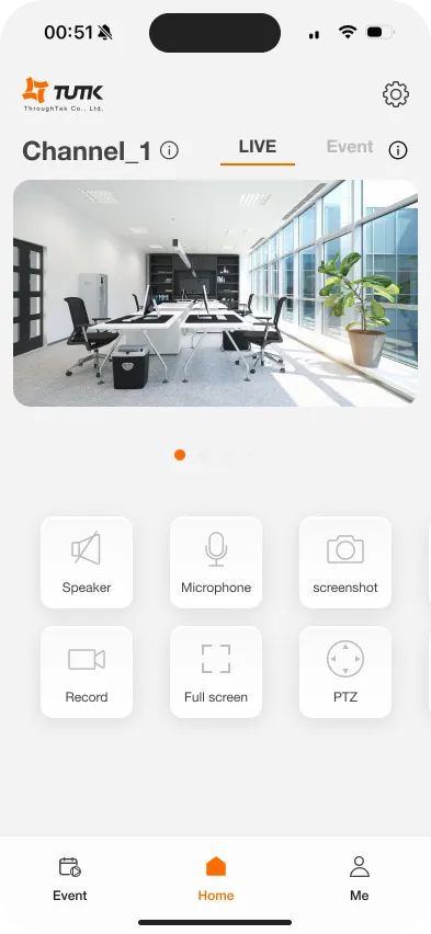 Kalay Mobile live view showing a single camera channel with Speaker, Microphone, Screenshot, Record, Full Screen, and PTZ control buttons below the video