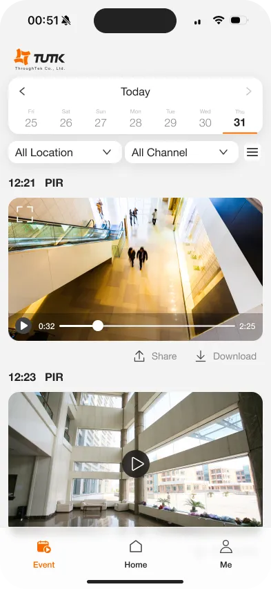 Kalay Mobile events screen showing date filter at top, Location and Channel filter options, and event thumbnails with play, share, and download buttons