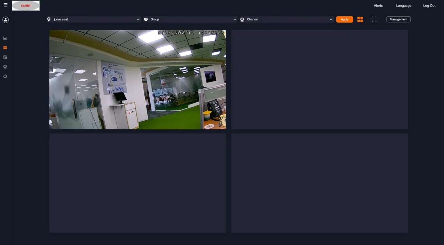 Live View showing assigned camera feeds in a grid layout with Location, Group, and Channel filter dropdowns