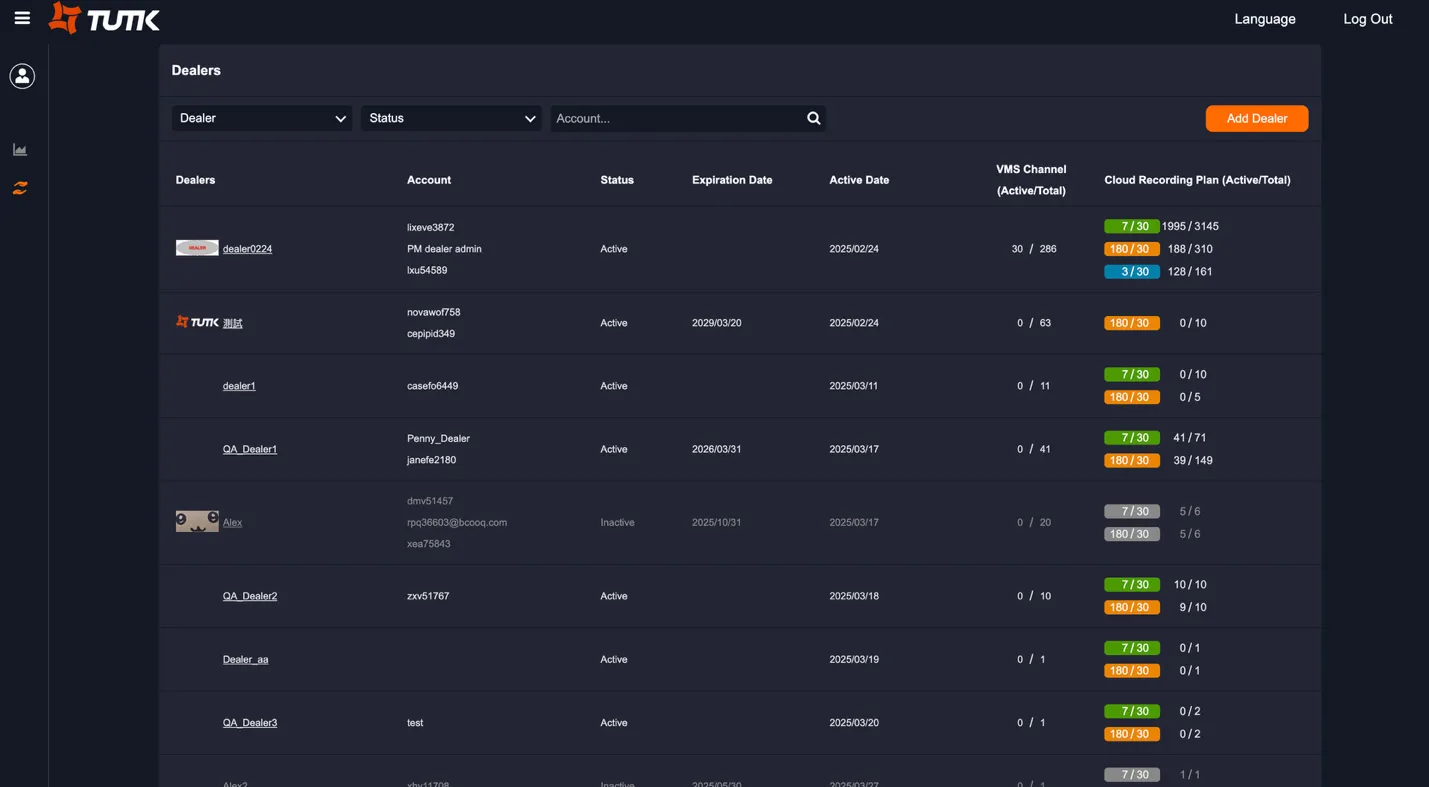 Dealer Management page showing a list of dealers with status, VMS channel counts, and cloud plan allocation per dealer