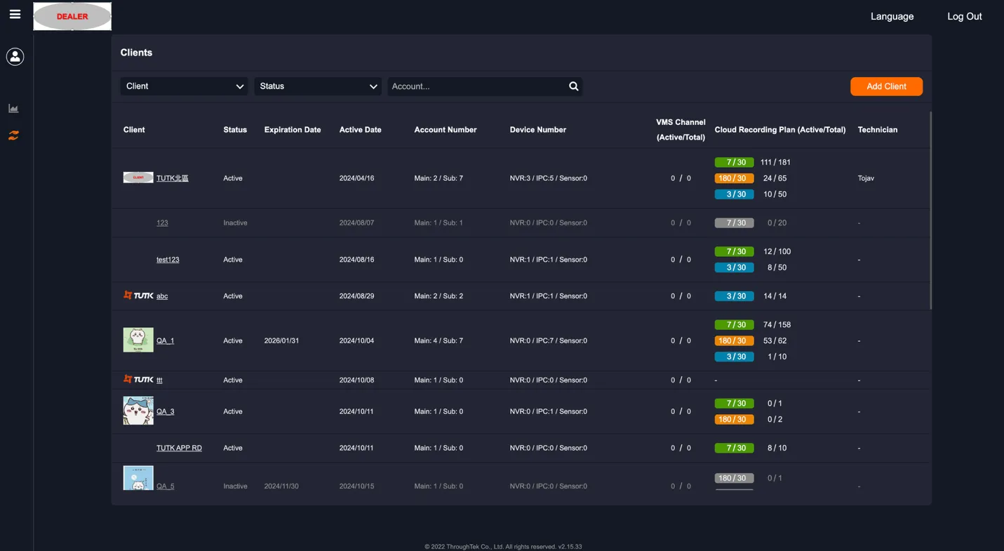 Clients page showing a list of client organizations with status, account count, device count, plan allocation, and assigned Technician