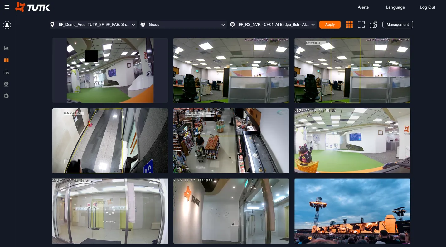 Live View page showing a multi-camera grid layout with Location, Group, and Channel filter dropdowns at the top
