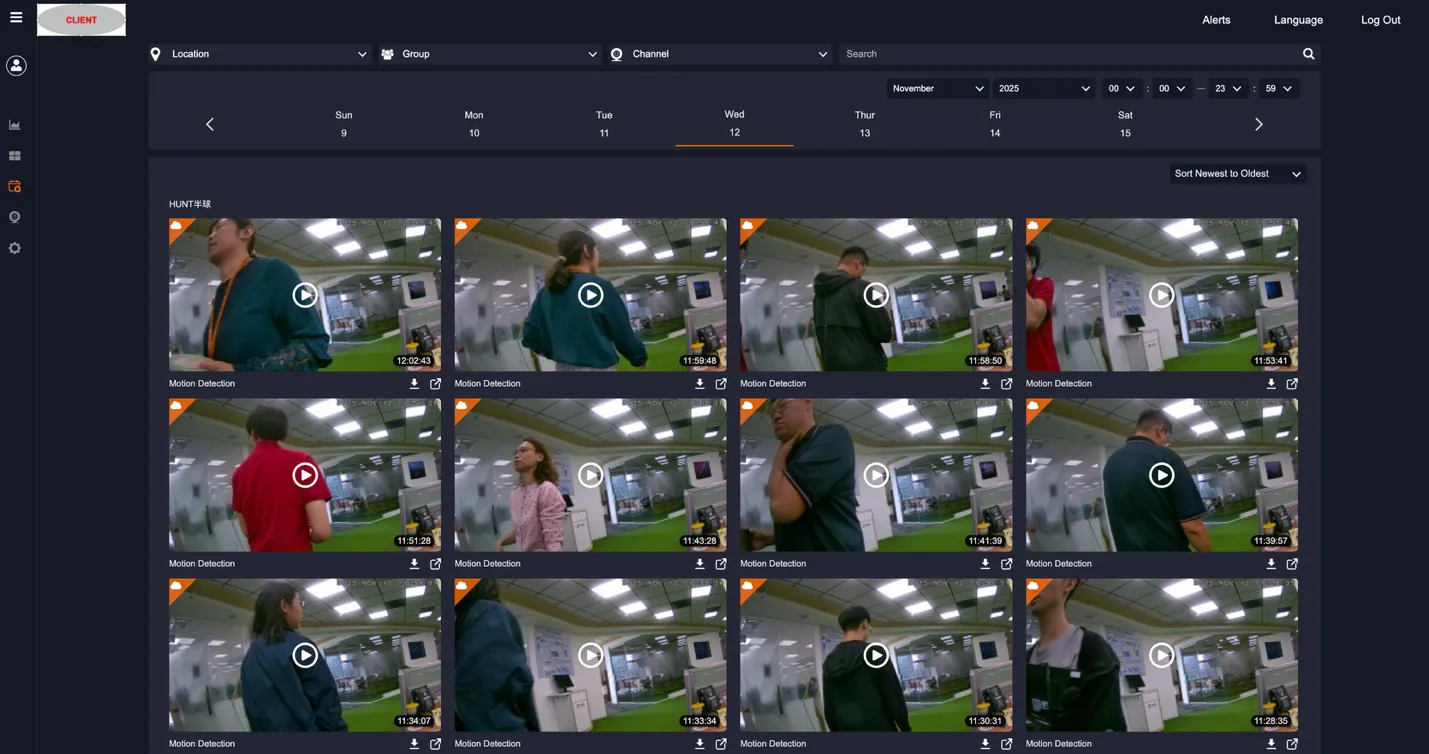 Event Management page showing event thumbnails from assigned devices with playback, download, and share action buttons