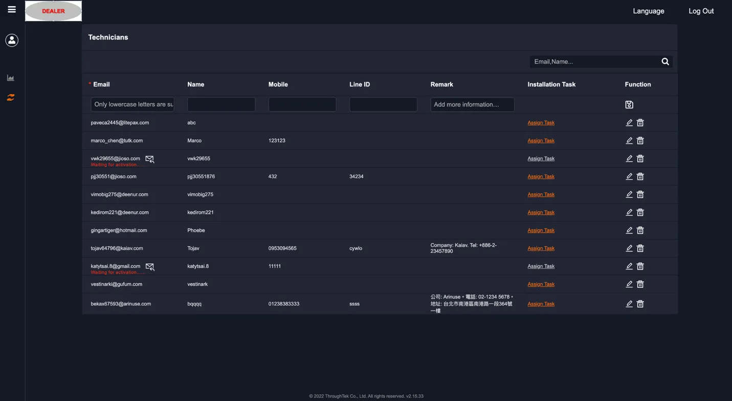 Technician management page showing a list of technicians with email, name, contact info, and Assign Task action button