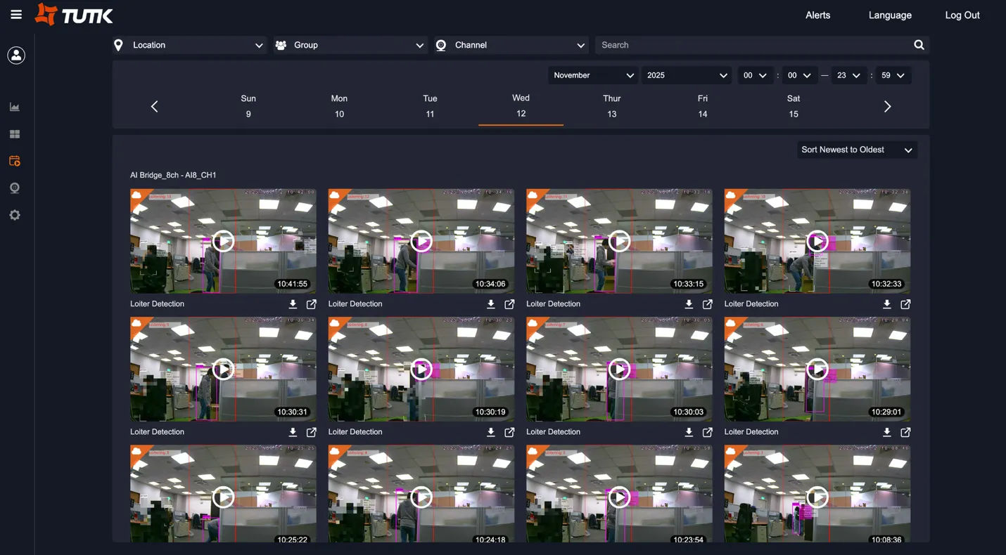 Event Management page showing event thumbnails in a grid with playback, download, and share action buttons on each event