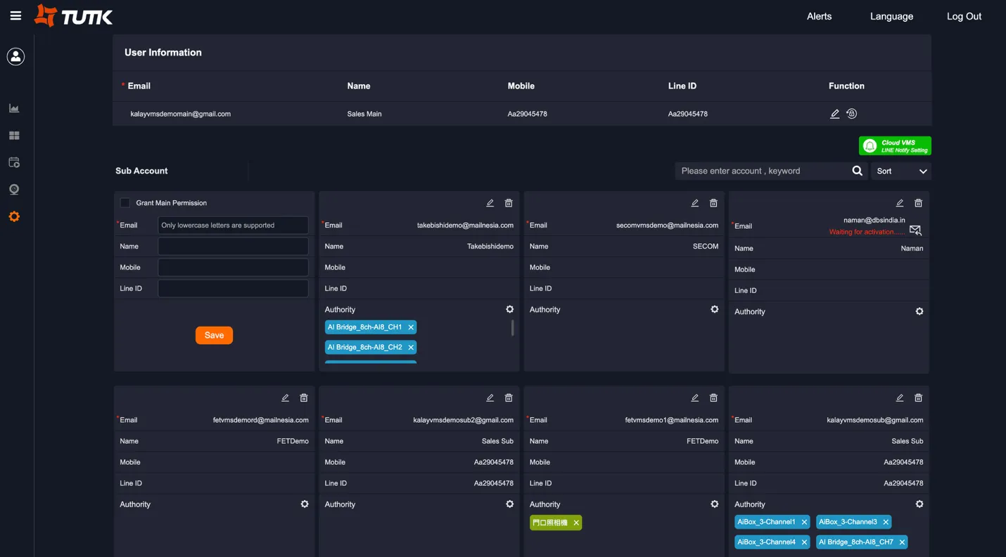 Account Management page showing main account profile at top and sub-account list with permission assignment controls per user at bottom