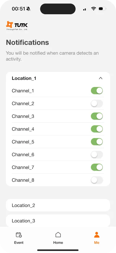 Kalay Mobile push notification settings showing per-channel toggles grouped by Location, with green indicating enabled and gray indicating disabled