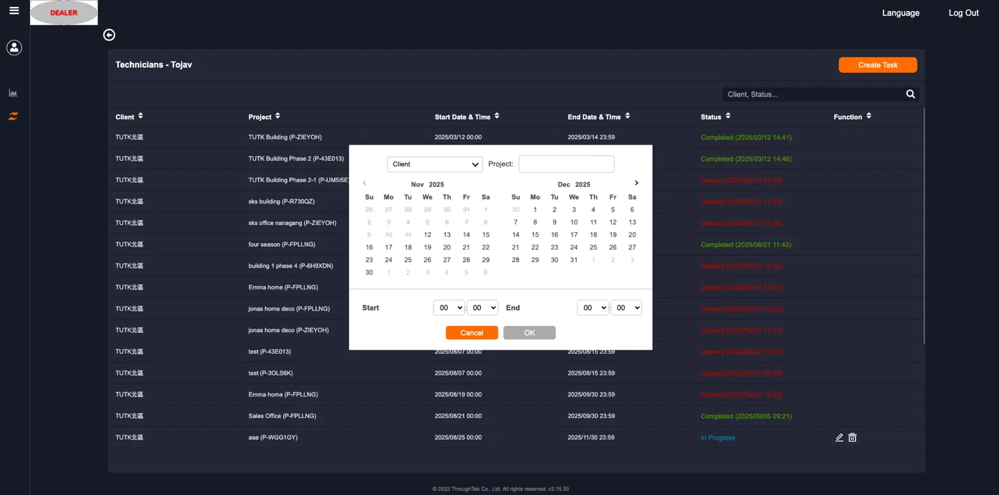 Technician task list showing task statuses and the Create Task dialog with Client, Project Name, and date fields